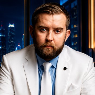 A professional portrait of a bearded man in a light gray suit and blue tie, photographed against a nighttime city skyline backdrop.