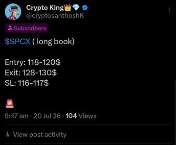 A screenshot of a tweet from Crypto King (@cryptosanthoshK) posted at 9:47 am on 20 Jul 26, displaying a long trade setup for the ticker $SSPCX with an entry of $118-120, exit target of $128-130, and stop loss at $116-117, promoting the account's premium trading calls.