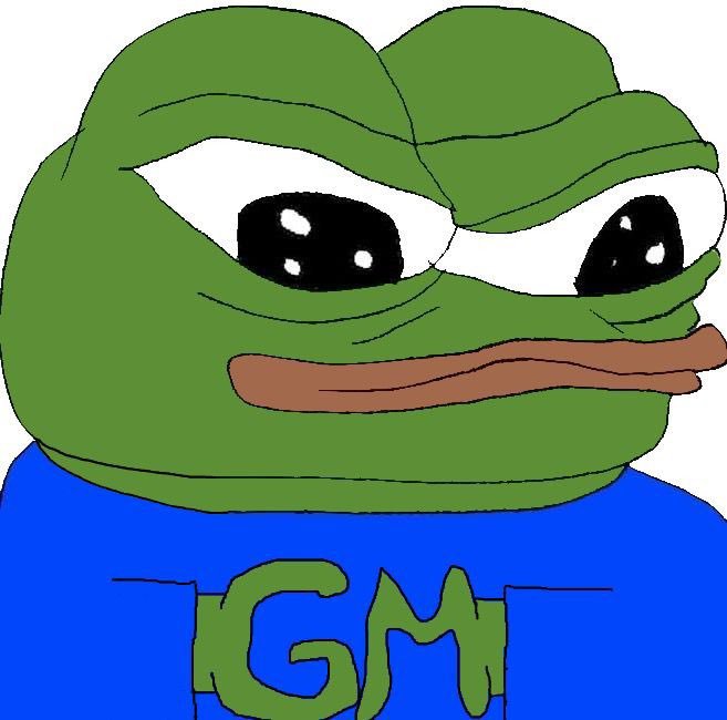 A digital illustration of a sad-looking Pepe the Frog wearing a blue shirt with green 'GM' letters printed on it.
