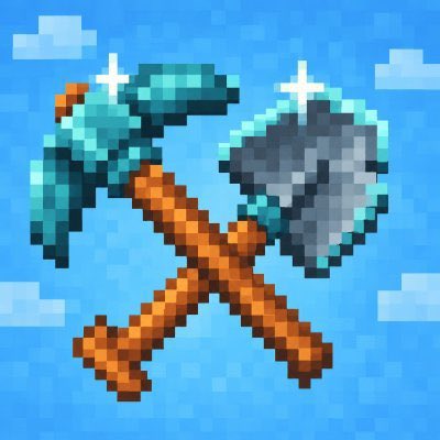 A pixel art image shows two crossed Minecraft-style tools—a teal pickaxe and a diamond axe—against a blue sky background with clouds and sparkles, fitting the giveaway theme announced in the post.