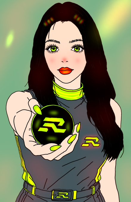 A digital illustration of a dark-haired woman with striking green eyes presents a black orb featuring a stylized "R" logo, matching the "R" emblem on her gray outfit and belt buckle. The green and black color scheme of her attire and the orb visually represents Raiku, the Solana infrastructure project mentioned in the post, with her gesture of offering the orb symbolizing the delivery of predictable transaction execution to the blockchain ecosystem.