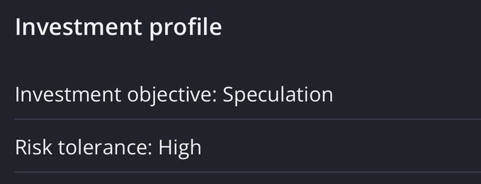 An investment profile summary displayed on a dark background, listing an investment objective of "Speculation" and a risk tolerance of "High."