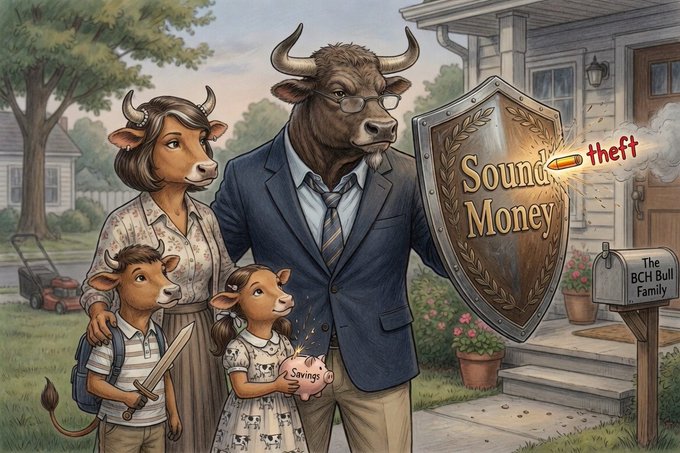 An illustrated scene depicts the 'BCH Bull Family'—anthropomorphic bulls in human clothing—protecting 'Sound Money' with a shield from 'theft', with a child holding a piggy bank labeled 'Savings'.