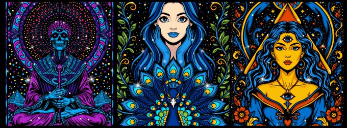A triptych of mystical psychedelic portraits—a skeletal meditating figure, a blue-haired goddess with peacock feathers, and a golden-haired mystical woman—rendered in vibrant blue, purple, and yellow hues with intricate mandala and floral patterns, fitting the post's theme of manifesting good news through spiritually charged artwork available on @TransientLabs.