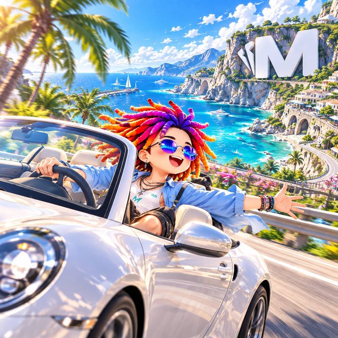 Anime-style character with multicolored dreadlocks and reflective sunglasses driving a white convertible along a scenic coastal road, with an 'M' logo visible on a distant cliff.