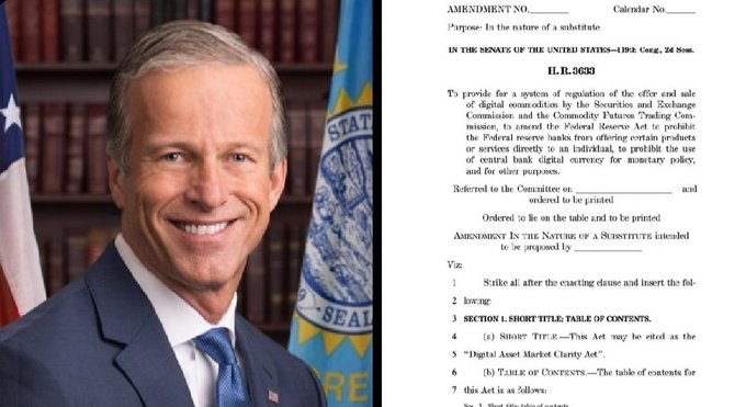 The image shows Senate Majority Leader John Thune beside the text of H.R. 3633, the "Digital Asset Market Clarity Act," which aims to establish a regulatory framework for digital asset trading through the SEC and CFTC while restricting the Federal Reserve from issuing central bank digital currency to individuals. The visual pairs the bill's official legislative text with the senator who has moved it forward, illustrating the post's claim that the crypto market structure bill is advancing toward a key Senate vote in September.