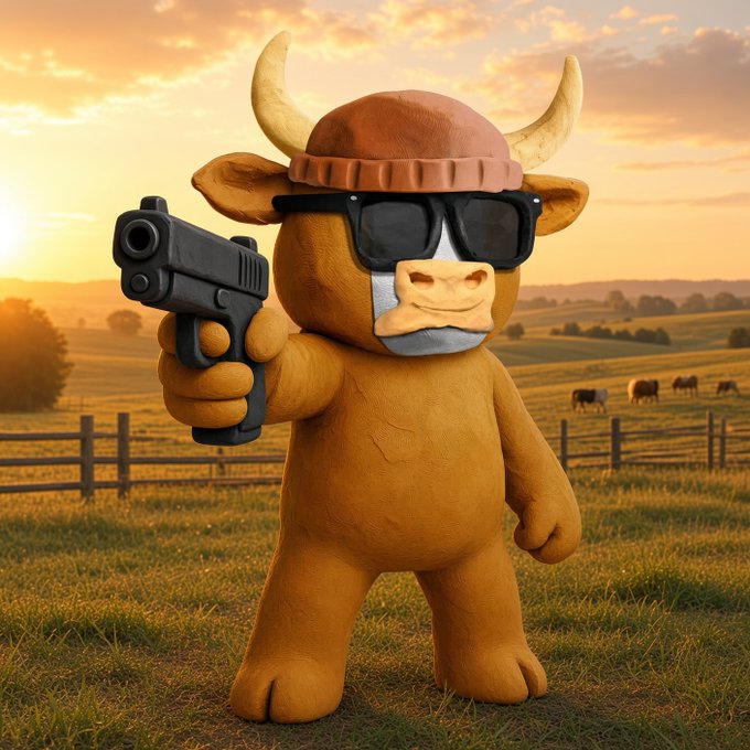 Stylized image of a brown bull mascot wearing a knit cap and sunglasses, holding a pistol in a pasture at sunset.
