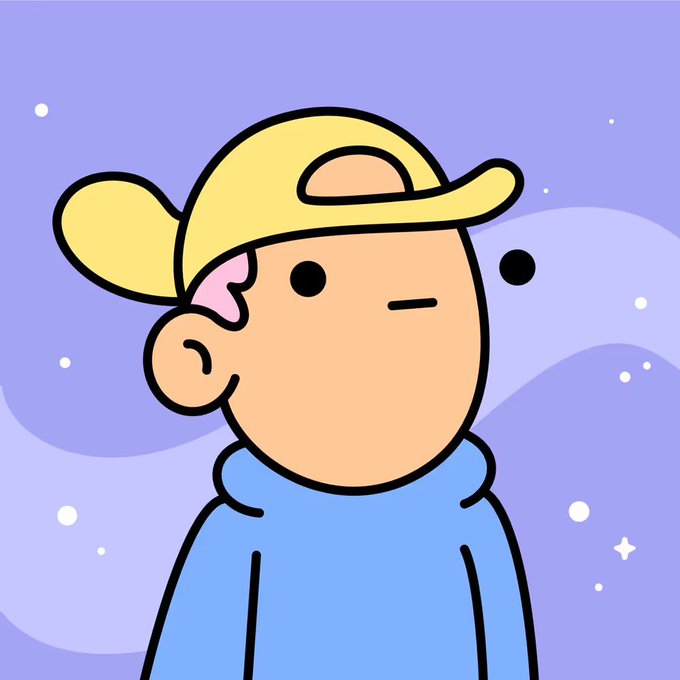 A cartoon character wearing a yellow cap and blue hoodie stands against a light purple background with scattered stars and clouds.