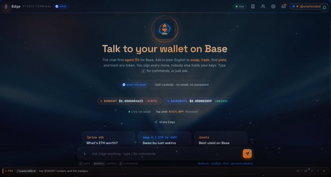 The image shows a webpage that displays information about a wallet called Edge, specifically on a cryptocurrency exchange named Base. The website features an orange button at the top with the text "Talk to your wallet on Base" written above it, which encourages users to engage in conversations and transactions through the platform. There are three options provided: asking for a trade or conversion from ETH to USDC, finding yield, and tracking any token. The image also contains relevant information about the cryptocurrency exchange and its terms of service.