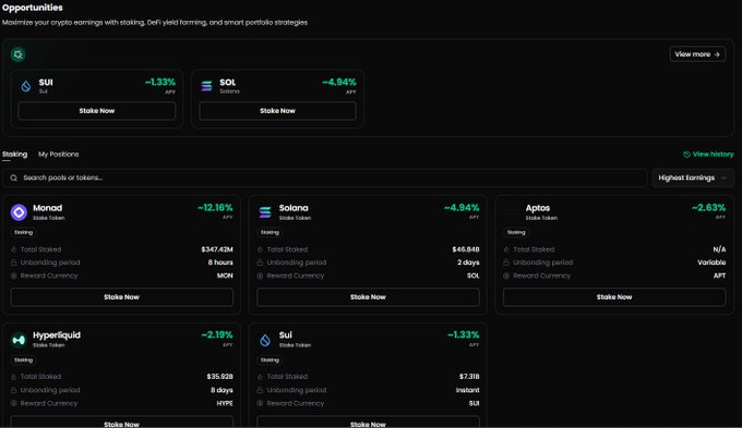 A dark crypto staking dashboard titled “Opportunities” lists coins including SUI, SOL, Monad, Solana, Aptos, Hyperliquid, and Sui, with green percentage changes and “Stake Now” buttons.