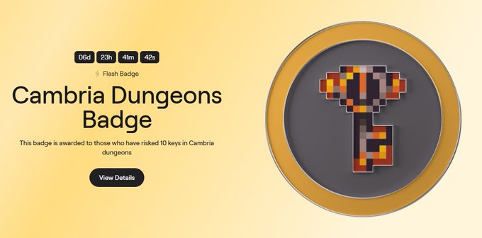 A 'Cambria Dungeons Badge' achievement page indicating a flash badge awarded for risking 10 keys in Cambria dungeons, showing a pixelated hammer icon.