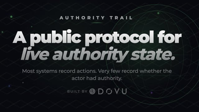 The image shows a black background with white text that reads "Authority Trail". Below the title, there are two lines of text discussing the concept of a public protocol for live authority state. The first line states that most systems record actions, while the second line mentions that the actor had authority over the system.