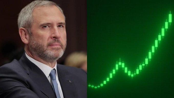 A split image showing a serious-looking gray-haired man in a suit on the left, and a green upward-trending stock chart on the right.