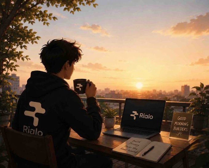 An illustration of a person wearing a 'Rialo' hoodie and drinking coffee at a balcony desk with a laptop, with a 'GOOD MORNING BUILDERS' sign at sunset.