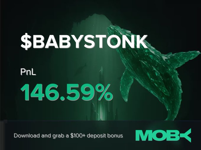 A promotional graphic for Moby Mobile displays a winning position alert for the $BABYSTONK token, showing a PnL of 146.59%, with a deposit bonus offer of $100+ at the bottom. The dark green underwater scene featuring a whale tail visually reinforces the post's message of a trader successfully closing a profitable position on the trending token.