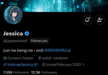 A social media profile page for 'Jessica' (@jseeconsol), a Content Creator with 12.2K followers and a bio reading 'just me being me • amb @SNVROfficial'.