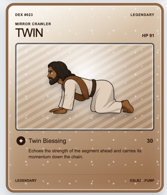 A digital trading card game artwork titled 'TWIN' (DEX #023, Legendary) featuring a bearded man in white robes crawling on hands and knees, with the ability 'Twin Blessing' described as echoing the strength of the segment ahead.