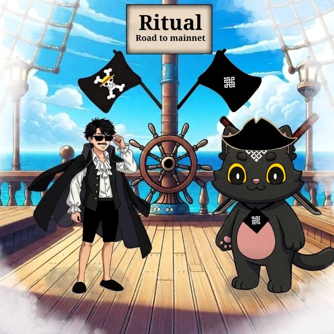 An anime-style illustration titled "Ritual Road to mainnet" featuring a pirate character and a black cat on a ship's deck.