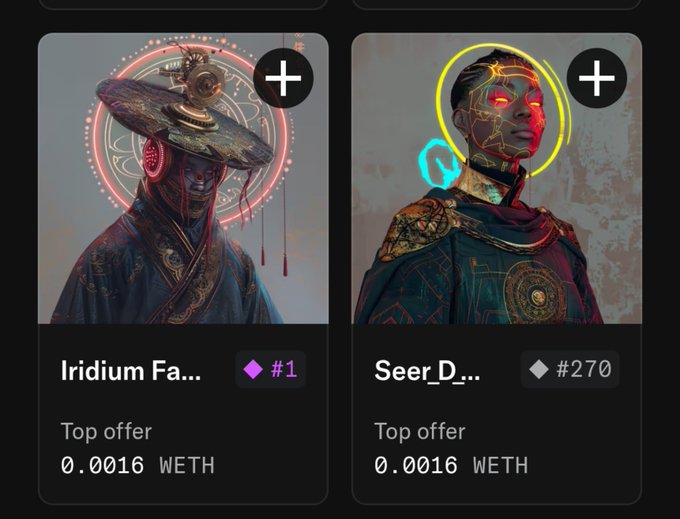 Two NFT listings from a collection titled "Maximals" appear on OpenSea: "Iridium Fa…" (#1) and "Seer_D…" (#270), each priced at a top offer of 0.0016 WETH. The post encourages viewers to collect these digital character artworks, highlighting the "#Maximals #NFTs #Base" marketplace opportunity.