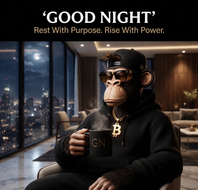 Promotional poster titled ''GOOD NIGHT' - Rest With Purpose. Rise With Power.' showing a chimpanzee wearing sunglasses, a backwards cap, and a Bitcoin chain, holding a black mug labeled 'GN' in a luxurious penthouse overlooking a city skyline at night.