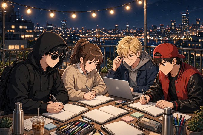 An anime-style illustration shows four young people studying together at an outdoor rooftop table at night, illuminated by string lights with a city skyline in the background.