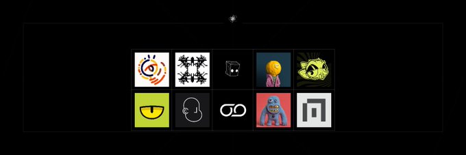 A grid of 10 NFT avatar thumbnails in various artistic styles displayed against a black background.