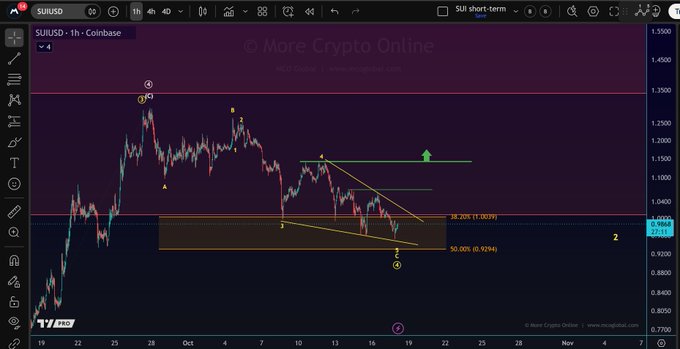 A cryptocurrency trading chart for SUI/USD on Coinbase (1-hour timeframe) displayed on TradingView, showing the price action descending into a wedge pattern with key Fibonacci retracement levels marked at 38.20% ($1.0039) and 50.00% ($0.9294), illustrating the altcoin's struggle with lower lows as it approaches the next support level around $0.929.