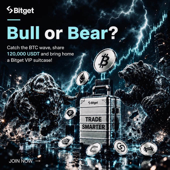 A dramatic Bitget promotional image titled "Bull or Bear?" featuring a charging bull and roaring bear flanking a metallic "Trade Smarter" suitcase, surrounded by Bitcoin, Ethereum, and other crypto coins under stormy lightning—directly visualizing the post's theme of navigating crypto market swings while promoting the 120,000 USDT giveaway and VIP suitcase prize.