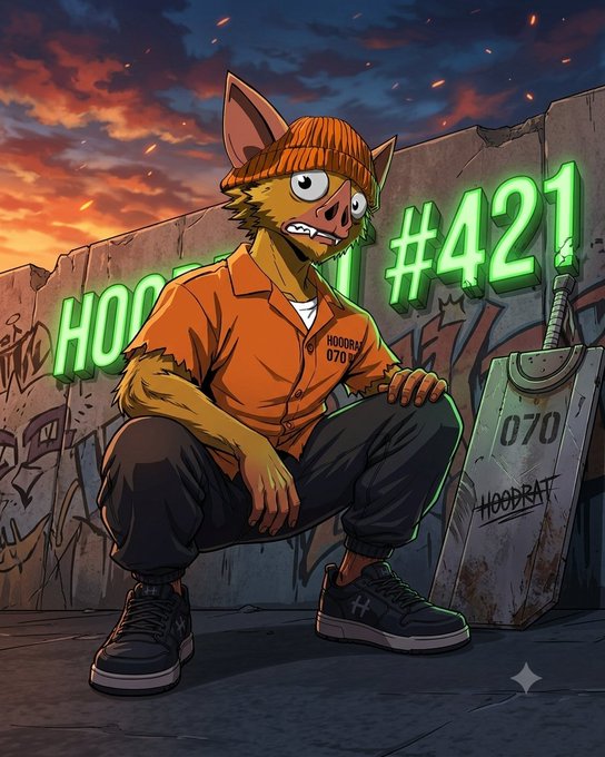 An anime-style illustration of an anthropomorphic pig wearing an orange shirt and beanie, squatting in an urban alleyway setting with the glowing green text 'HOODRAT #421' behind it.