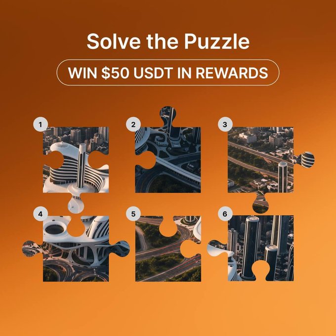 An orange promotional graphic titled 'Solve the Puzzle' offering 'WIN $50 USDT IN REWARDS', showing six numbered puzzle pieces featuring aerial cityscapes, highways, and modern architecture.