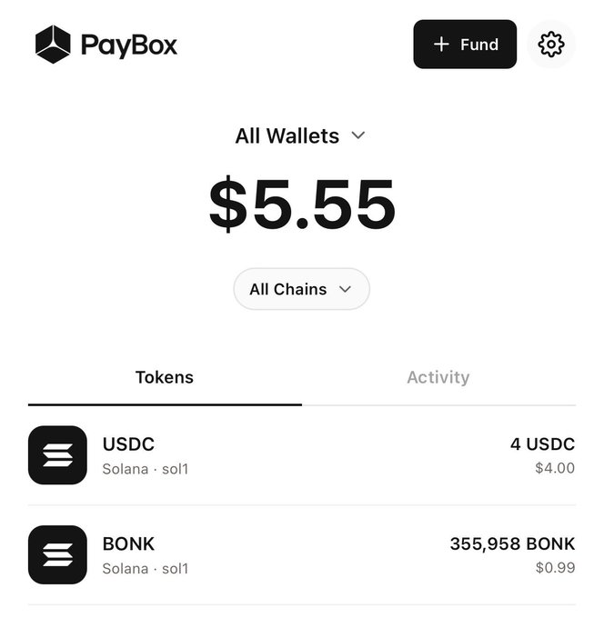 The PayBox wallet interface shows a total balance of $5.55 across all chains, containing 4 USDC ($4.00) and 355,958 BONK ($0.99) on the Solana network.