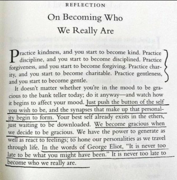 A page titled "REFLECTION: On Becoming Who We Really Are" featuring highlighted passages about practicing virtues to shape one's personality, referencing George Eliot's quote that "It is never too late to be what you might have been."