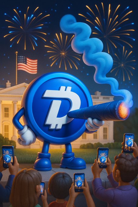 A cartoon-style illustration of a blue DigiByte (D) coin mascot firing a cannon with blue smoke, set against a White House backdrop with an American flag and fireworks, while people record the scene on smartphones.