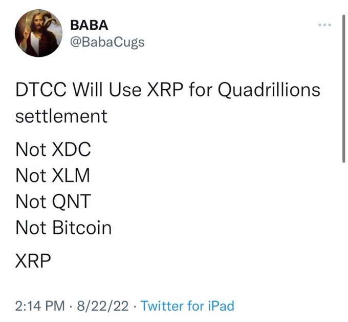 This image is a tweet from @BabaCugs stating "DTCC Will Use XRP for Quadrillions settlement," explicitly excluding XDC, XLM, QNT, and Bitcoin. The accompanying post elaborates on this claim, asserting that DTCC will use XRP for quadrillions in settlement, not other cryptocurrencies.