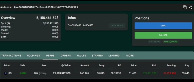 A crypto portfolio dashboard showing address 0xe069848381b7ac6ece05988efe06787fd8049f5 with a SOL long 20X position showing PnL of 371,021.238.