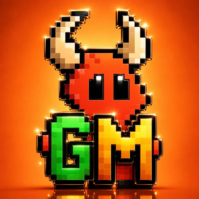 The image features a pixelated 3D character with large cream-colored horns and a red body, standing in front of glowing green "G" and yellow "M" letters against an orange background, visually representing the "GM" greeting from the accompanying post.