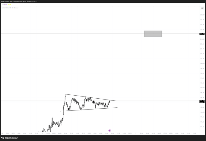 A TradingView technical chart of AAVE/USDT shows a symmetrical triangle pattern forming after a recent rally, with price action consolidating between approximately $186 and $250 support/resistance levels, supporting the post's expectation of another leg up upon breakout.