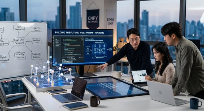 Three people collaborate in a modern office setting, working on laptops and discussing a large screen displaying 'BUILDING THE FUTURE: WEB3 INFRASTRUCTURE' with code and diagrams, alongside a whiteboard with charts and a glowing 3D blockchain visualization on the table.