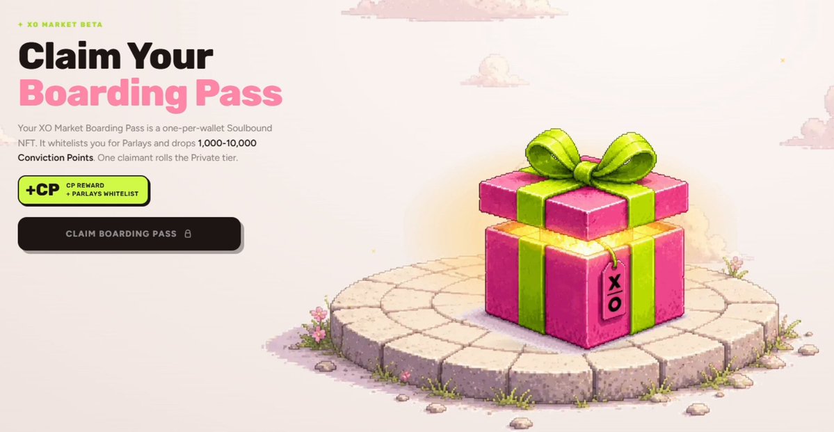 The image shows a pink gift box sitting on top of a stone platform surrounded by flowers, with a banner that reads "Claim Your Boarding Pass". The text indicates that this is an exclusive offer for a boarding pass, which can be claimed for free if you provide your email address and click the claim button. The post also mentions that there are four tiers to this offer, each offering different benefits such as free upgrades or priority boarding.