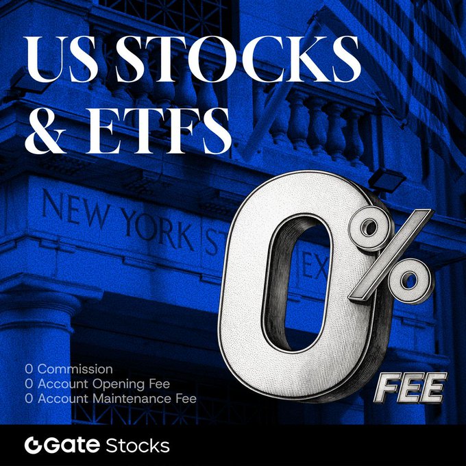 The image is a Gate Stocks advertisement promoting zero-fee US stock and ETF trading, displayed against a blue-tinted New York Stock Exchange facade with a large metallic "0% FEE" graphic and text highlighting "0 Commission, 0 Account Opening Fee, 0 Account Maintenance Fee." It reinforces the post's message by visually emphasizing that fees are eliminated, so investors can focus on making their next market move with Gate.