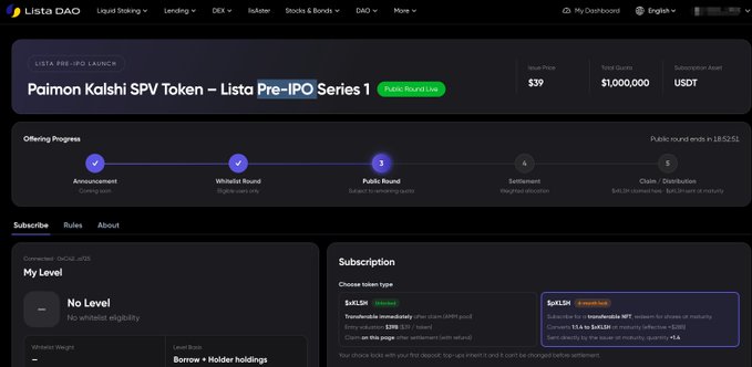 Screenshot of Lista DAO's pre-IPO launch page for 'Paimon Kolsshi SPV Token' on the Public Round, showing $1,000,000 USDT target and subscription details.