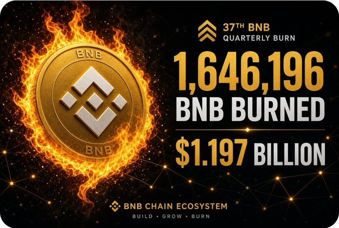 A promotional graphic for the '37th BNB QUARTERLY BURN' announcing 1,646,196 BNB burned valued at $1.197 billion, featuring a flaming BNB coin and the tagline 'BNB CHAIN ECOSYSTEM - BUILD • GROW • BURN'.