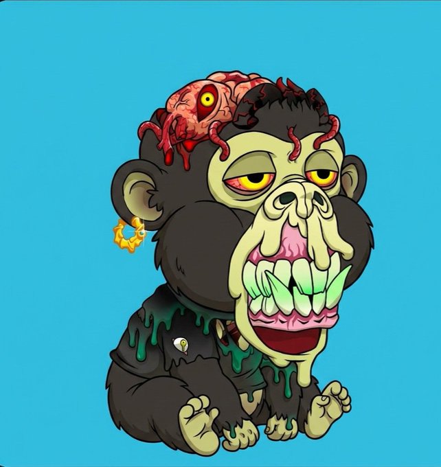 A digital illustration of a mutated zombie-like ape NFT with exposed brain, gold earring, and slime details on a bright blue background.