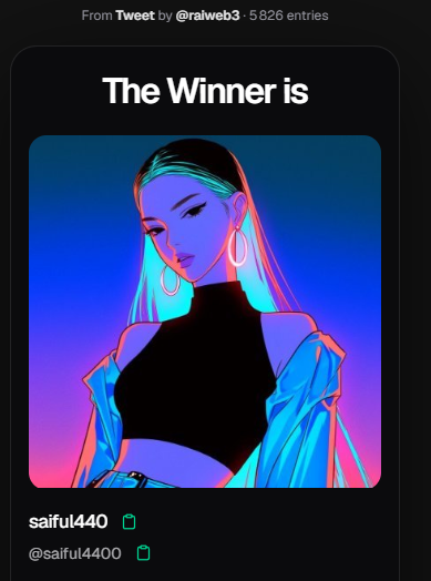 A digital giveaway announcement from "@ralweb3" (5,826 entries) declares "saiful440" (@saiful4400) as the winner, featuring a stylized neon-toned illustration of a woman in blue and pink hues. The winning announcement coincides with a $100 SOL giveaway, with the winner asked to reply with their Solana wallet address to receive the prize.