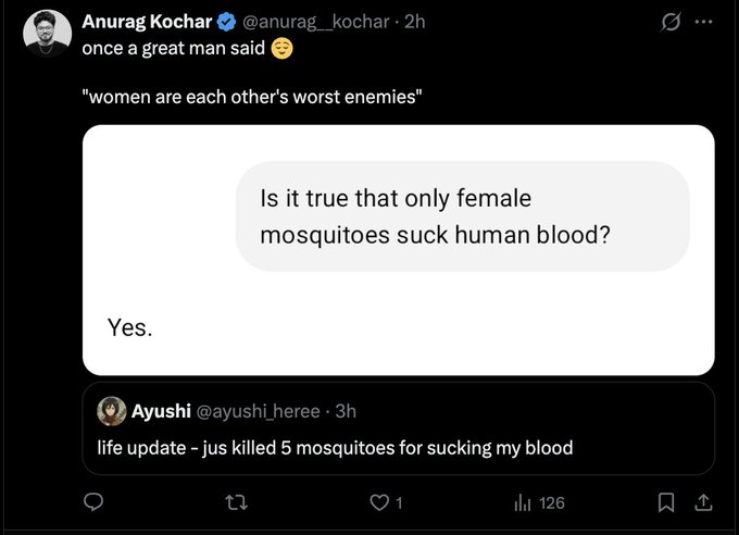A tweet by Anurag Kochar joking that 'women are each other's worst enemies' with a screenshot of a mosquito fact, and a reply from Ayushi about killing mosquitoes.