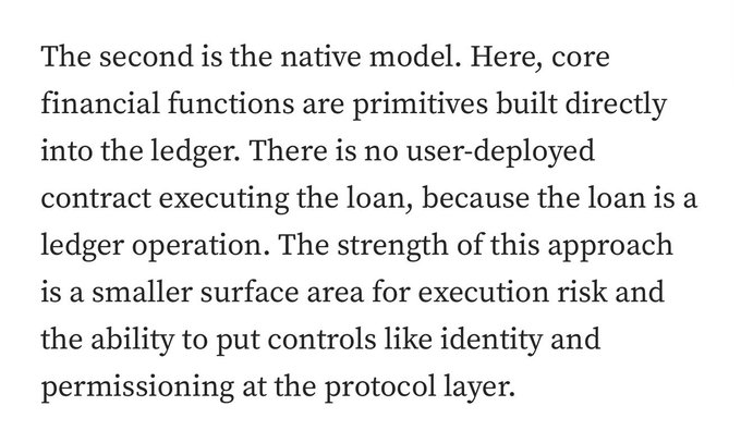 A paragraph of text describing the "native model" for institutional lending on the XRP Ledger, where core financial functions like loans are built directly into the ledger as primitives rather than via user-deployed contracts, reducing execution risk by enabling identity and permissioning controls at the protocol layer.

This relates to the post about Clearpool, Cicada, and Ripple building an institutional credit venue on the XRPL, as it explains one of the two technical approaches (native model vs. smart contract model) being considered for implementing lending functionality on the ledger.
