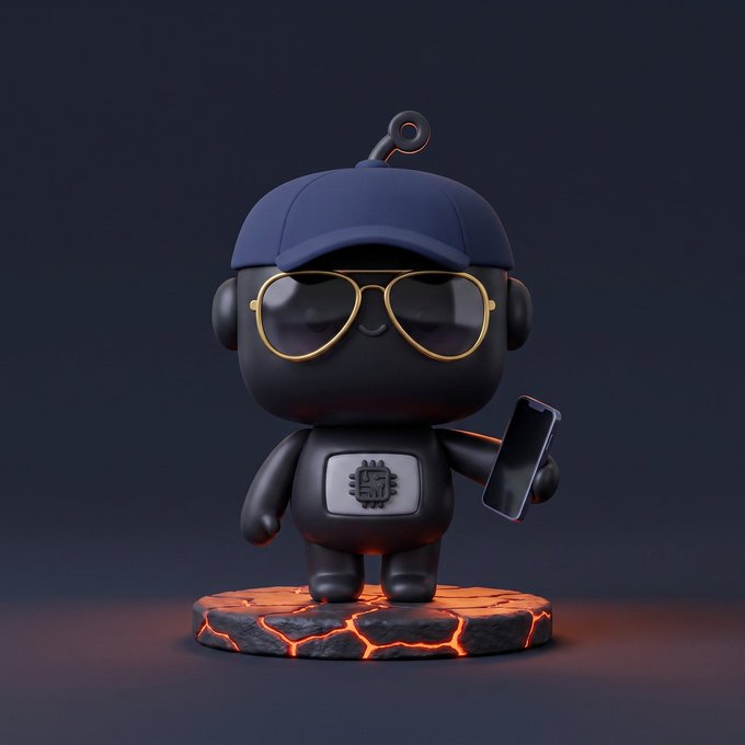 A 3D-rendered cartoon figurine of a character wearing a blue cap and gold-rimmed sunglasses, holding a smartphone while standing on a lava-textured base.