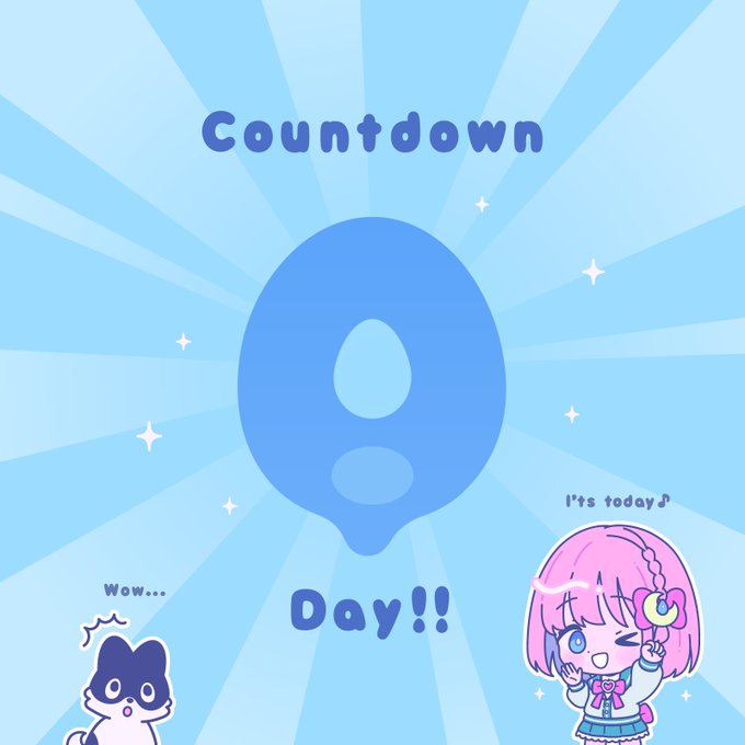 A countdown graphic featuring a large blue "0" with the text "Countdown Day!!" against a starburst background, accompanied by a pink-haired anime character saying "It's today♪" and a surprised cat exclaiming "Wow..." The "0 Day" visually represents the moment the #XRPLNFT #dropchan collection launches, matching the post's excitement for the drop.