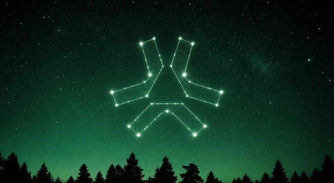 An illustration of a green glowing constellation in the shape of an X with additional legs, set against a starry night sky above a silhouette of pine trees.