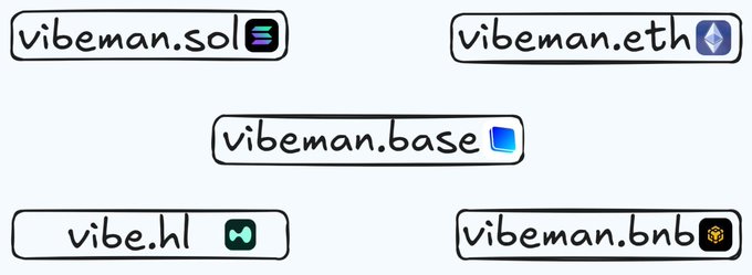 A graphic displaying various domain extensions for 'vibeman' including vibeman.sol, vibeman.eth, vibeman.base, vibe.hl, and vibeman.bnb, each paired with their respective blockchain logos.